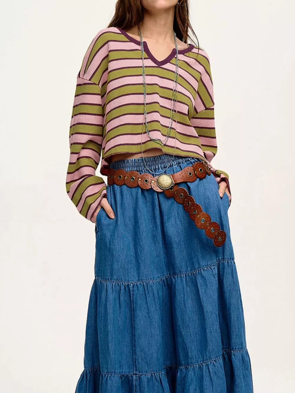 Stripes Waffle Texture Notched Neck Long Sleeve Top, image 5