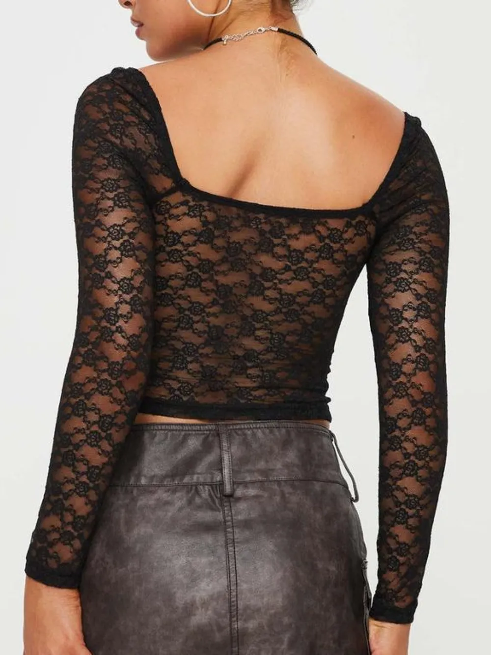Lace Sweetheart Neck Long Sleeve T-Shirt, image 3