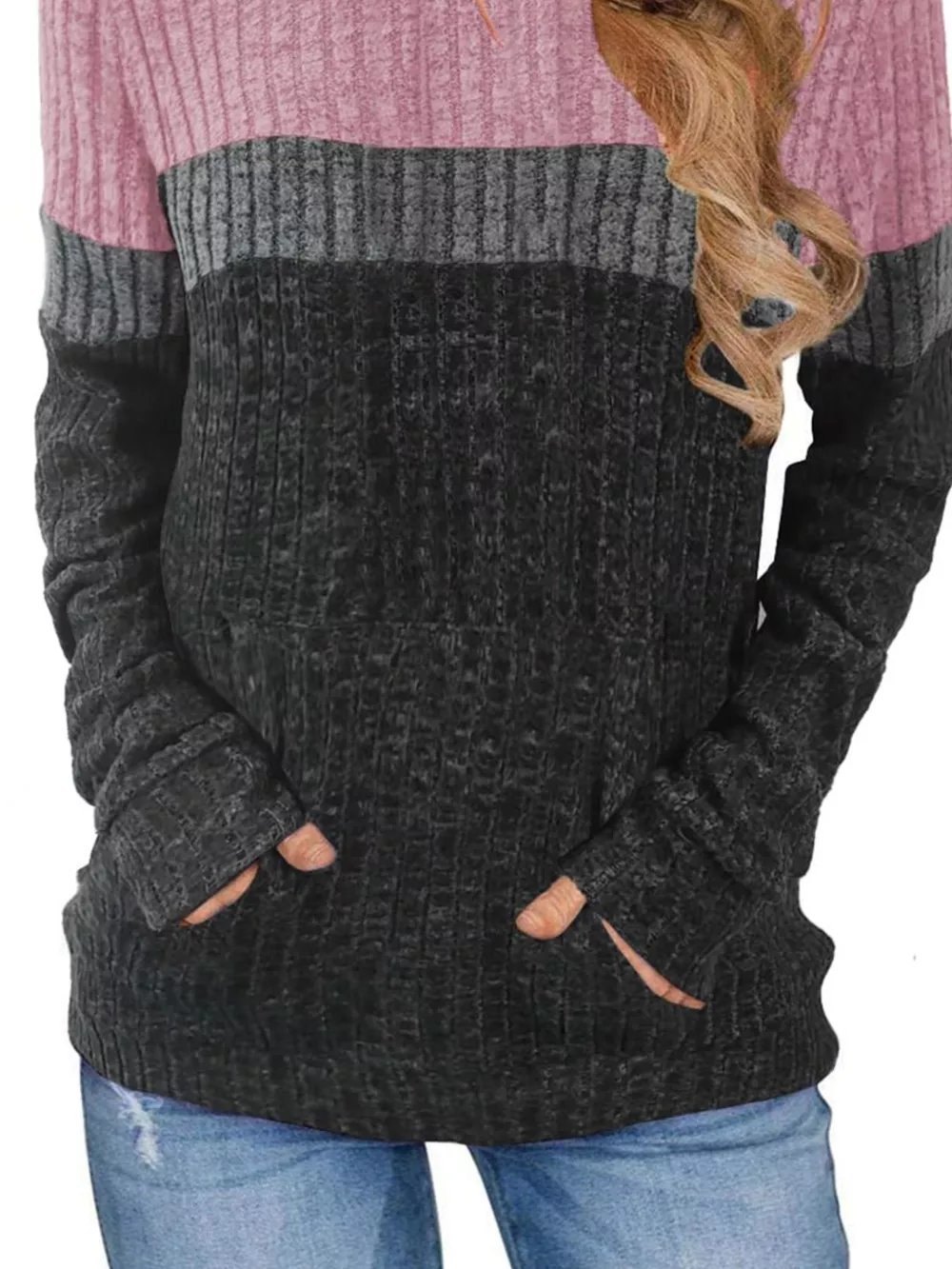Full Size Color Block Ribbed Knit Hoodie Plus Size, image 10