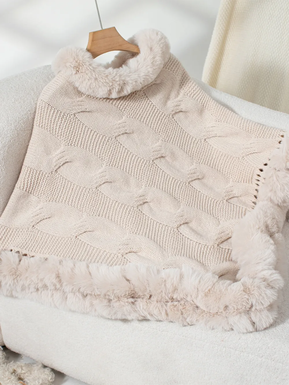 Fuzzy Hem Cable-Knit Poncho, image 14