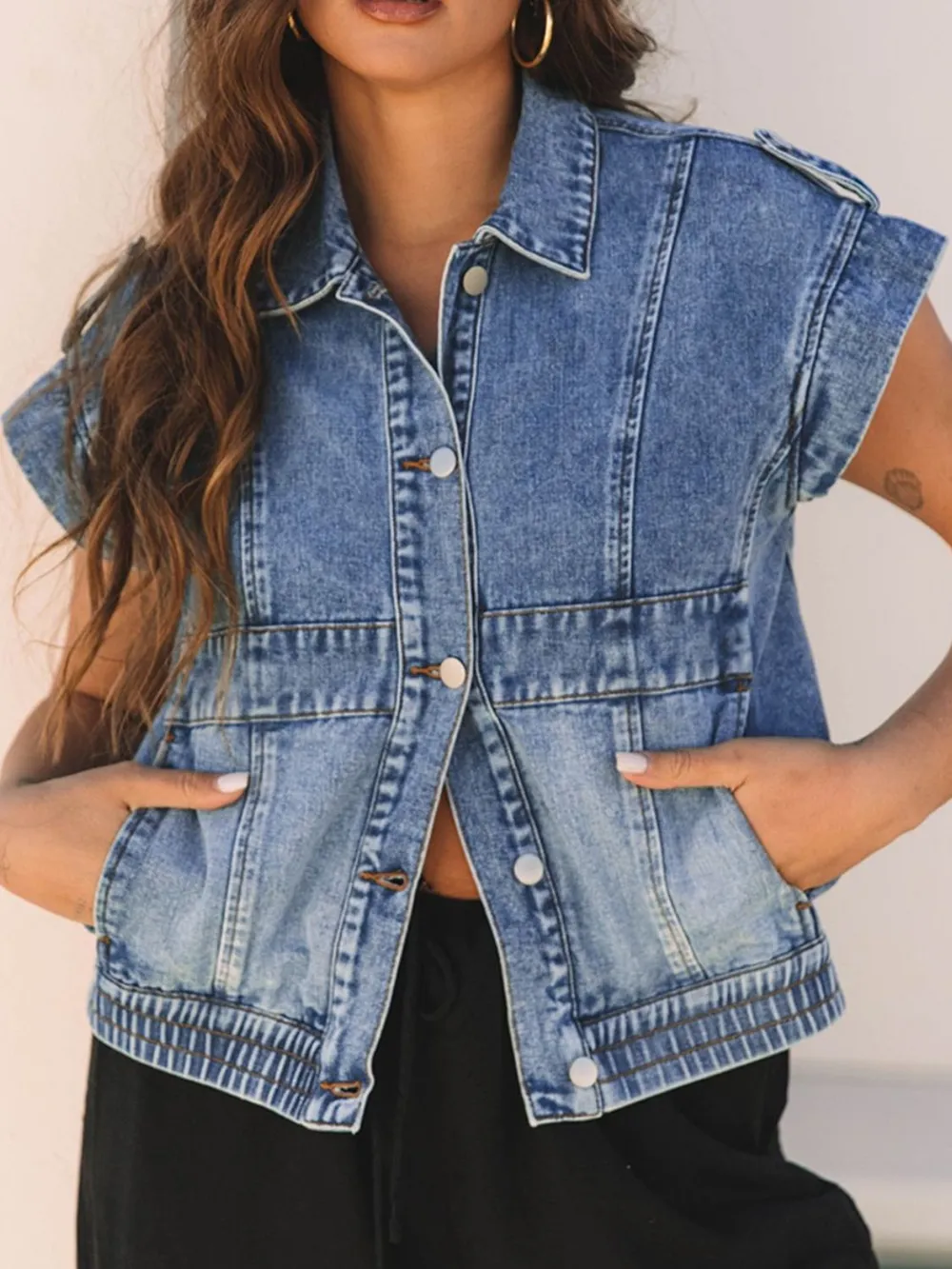 Button Up Cap Sleeve Denim Jacket, image 2