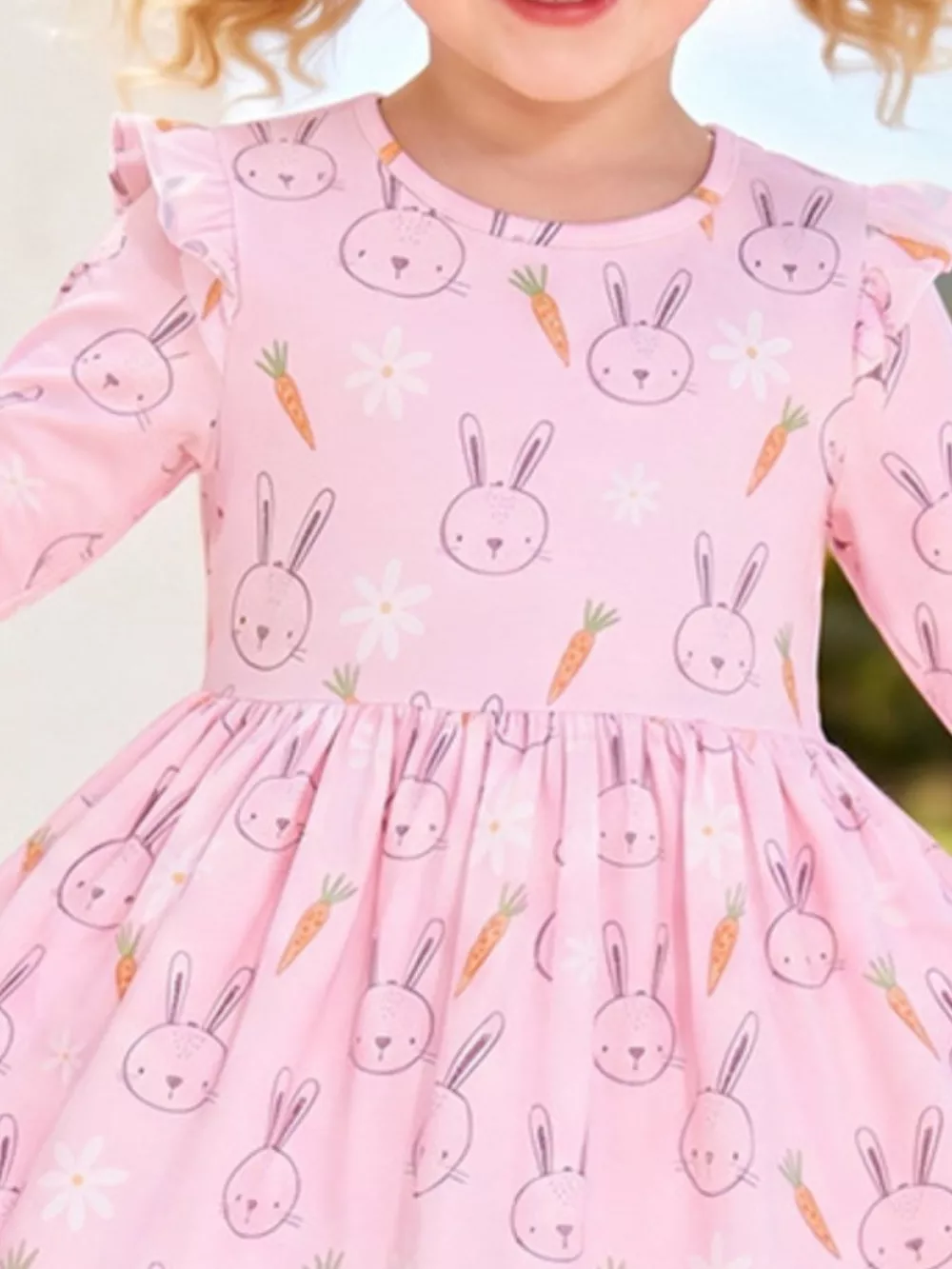 Children's Bunny and Carrot Print Ruffle Sleeve A-Line Dress, image 3