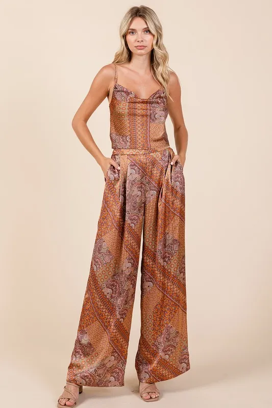 Paisley Patchwork Print Satin Wide Leg Pants, image 4