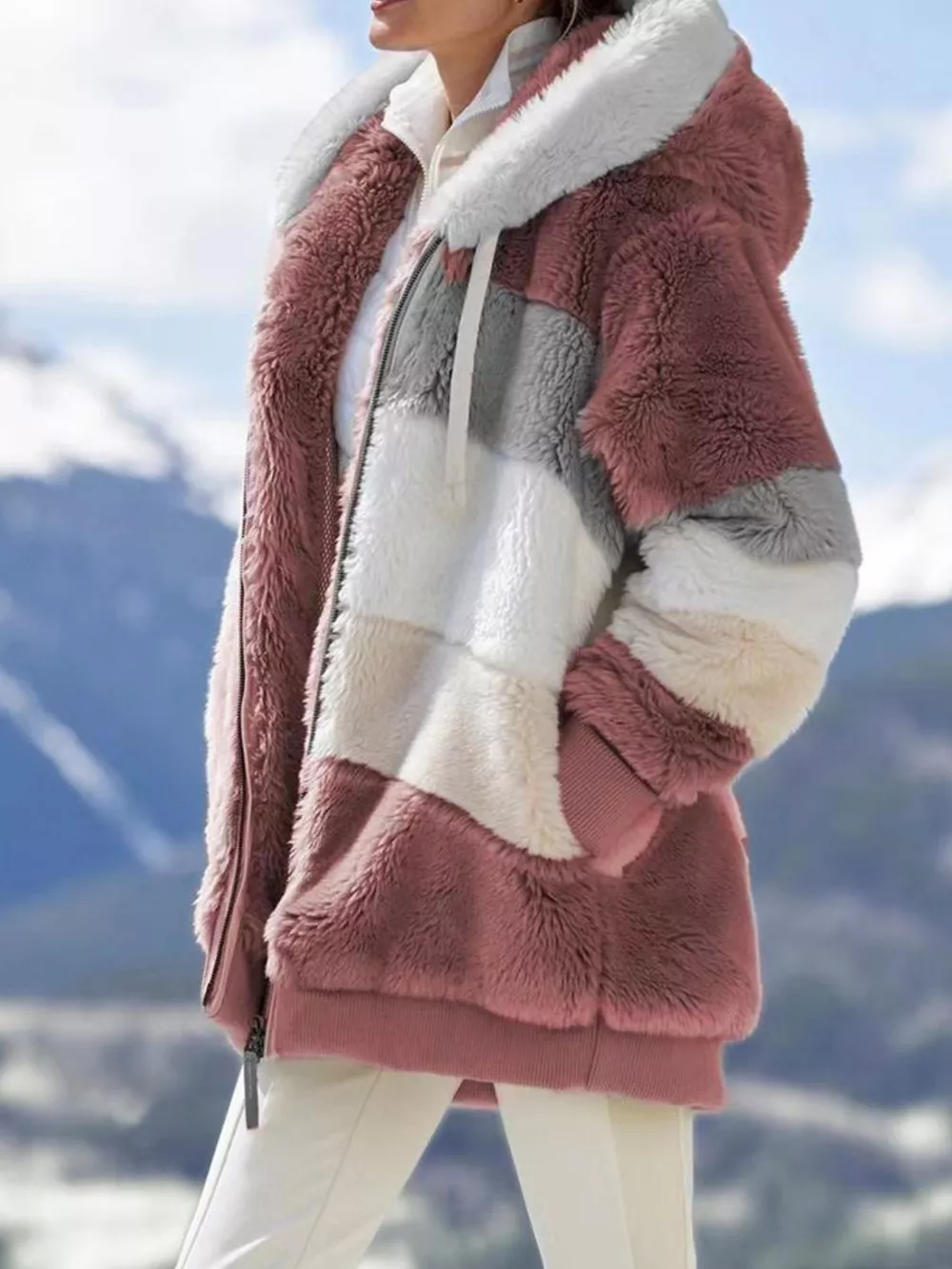 Full Size Fuzzy Zip Up Hooded Outerwear Plus Size, image 2
