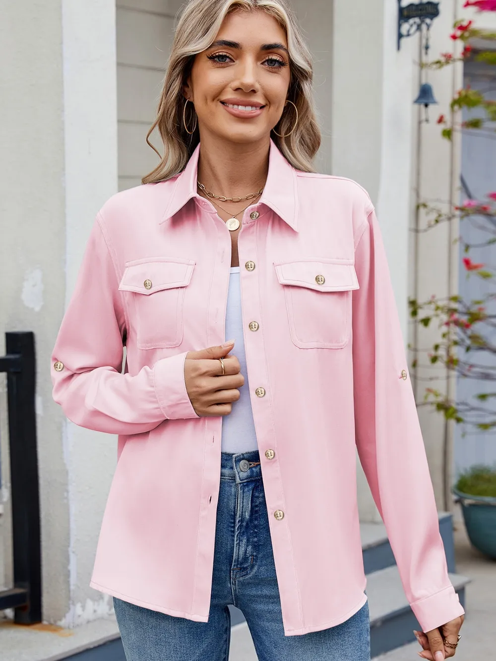 Solid Color Collared Neck Long Sleeve Shirt, image 2