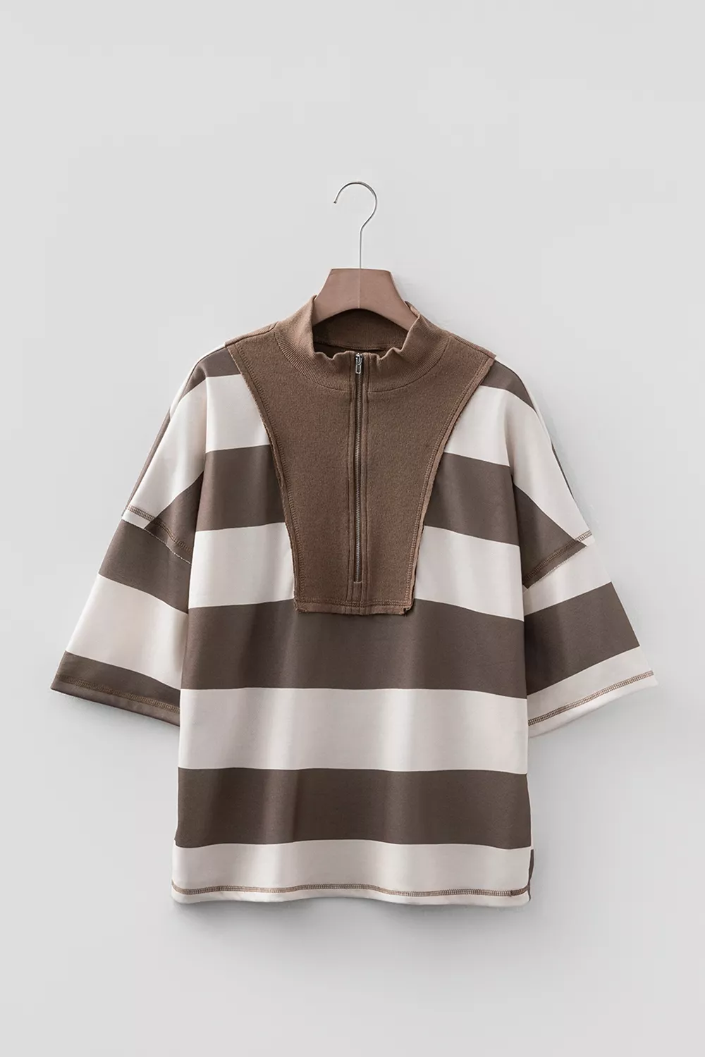 Striped Color Block Zip Collar 3/4 Sleeve Oversize Sweatshirt, image 3