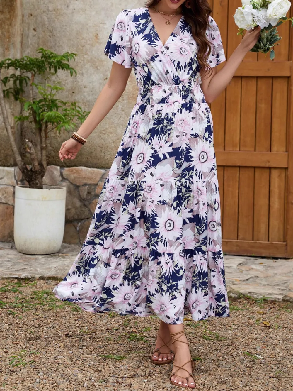 Floral Print Surplice Midi Dress, image 3