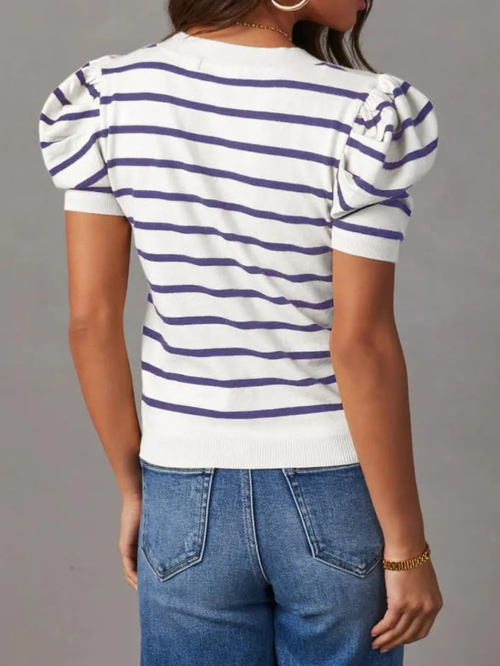 Striped Round Neck Puff Sleeve Knit Top, image 9