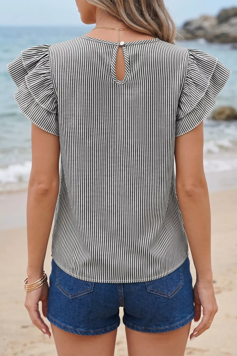 Stripe Striped Ruffle Sleeve Short Sleeve Round Neck Casual Shift Blouse, image 2