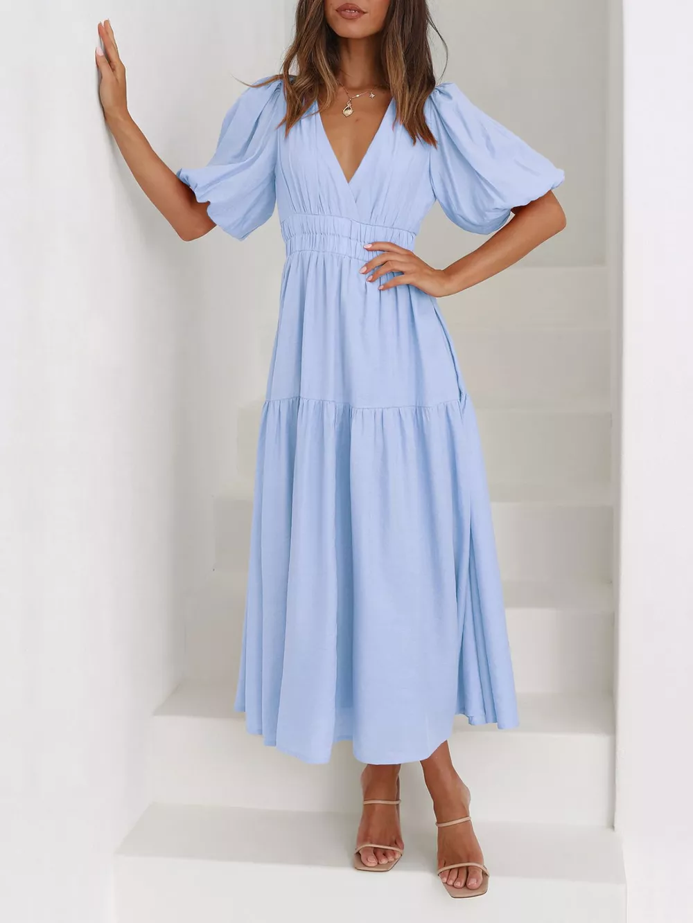 Elegant Puff Sleeve V-Neck Midi Dress, image 12