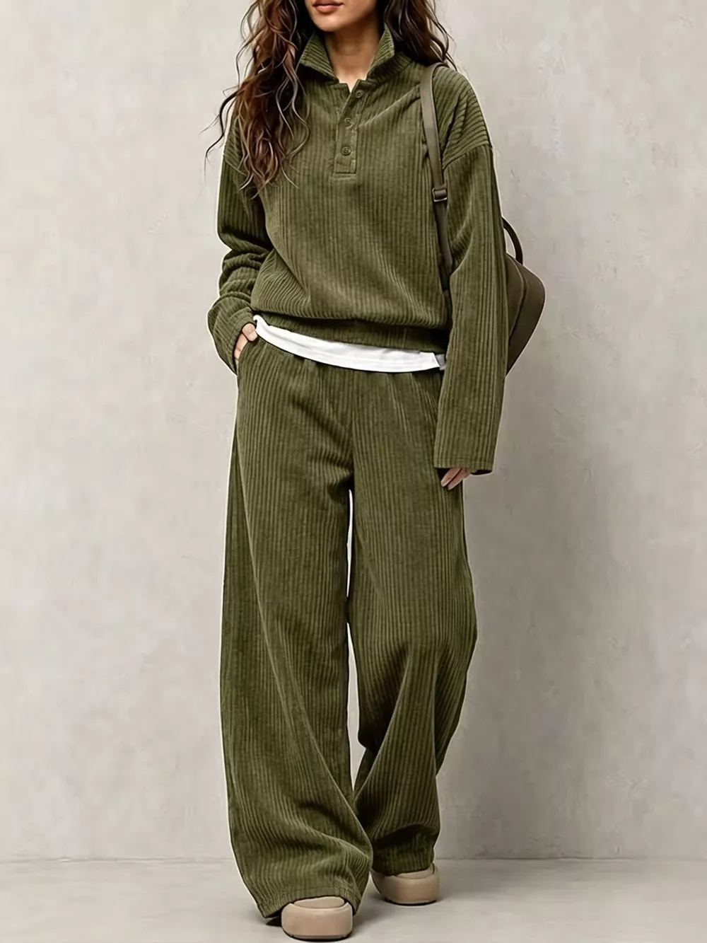 Corduroy Button Detail Top and Wide-Leg Pants Set, image 4