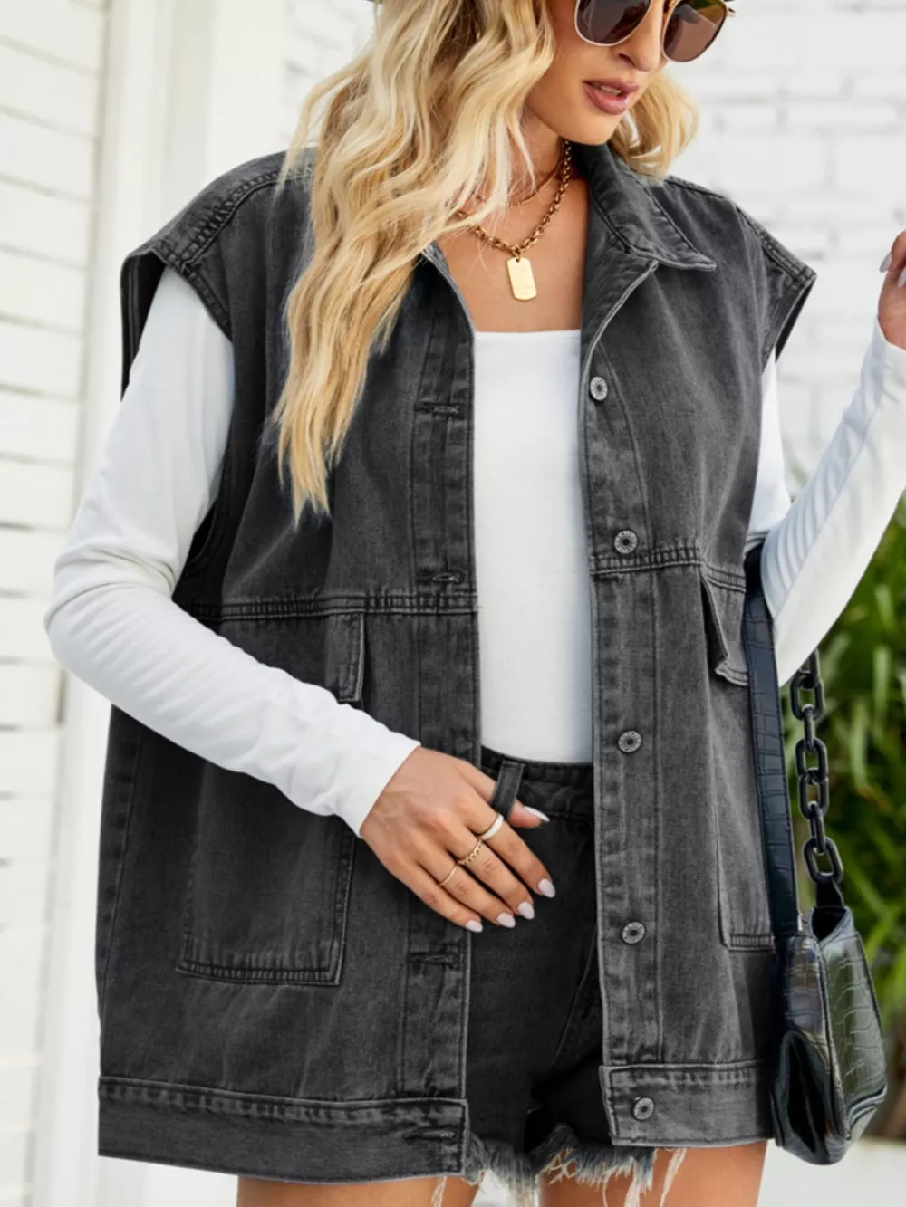 Sleeveless Button-Down Denim Jacket, image 2