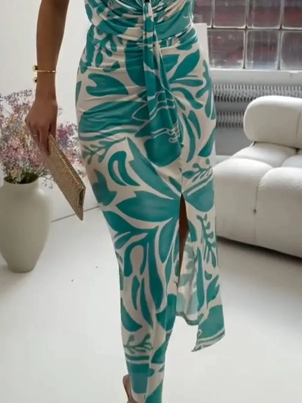 Full Size Slit Printed V-Neck Midi Dress Plus Size, image 6