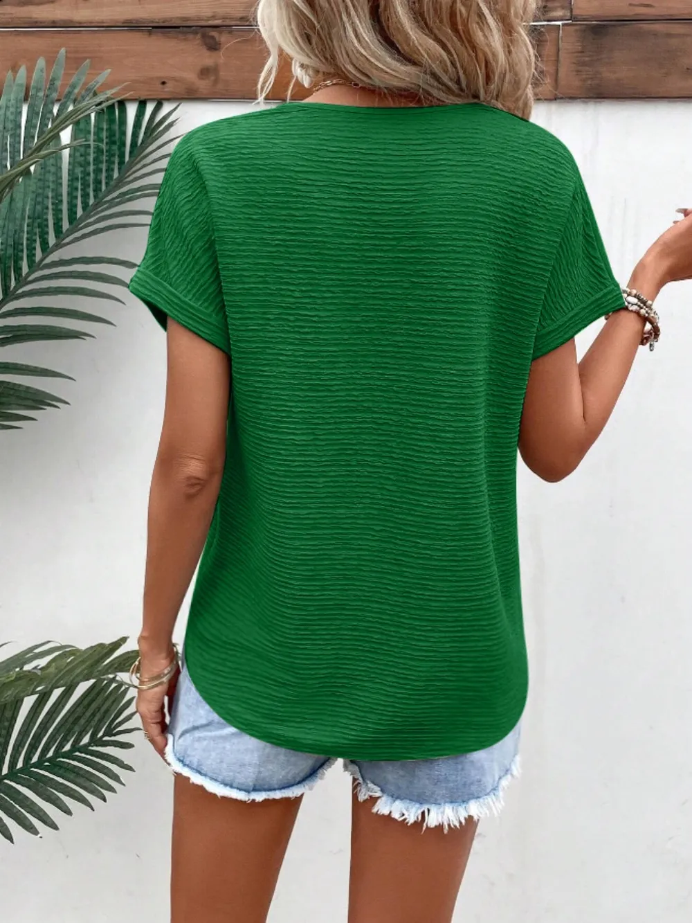Textured Solid Color Short Sleeve Top, image 2