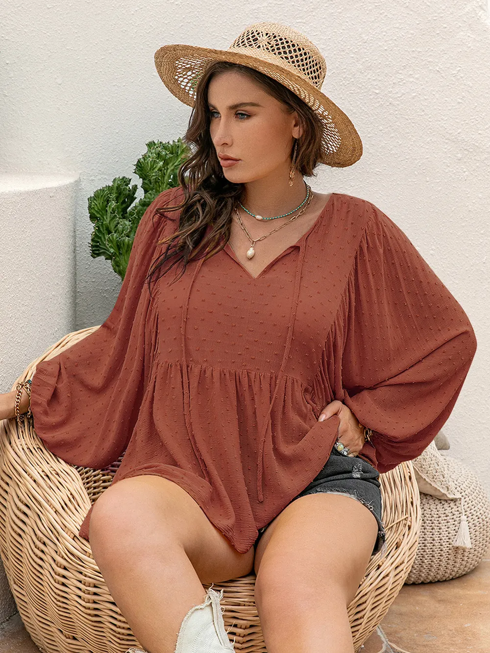 Plus Size Swiss Dot Tie Neck Long Sleeve Blouse, image 2