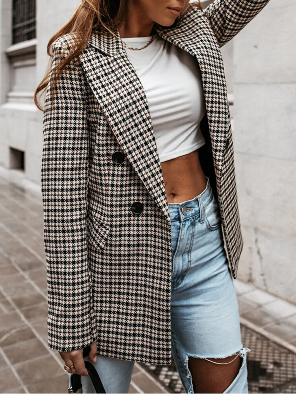 Classic Houndstooth Double-Breasted Blazer, image 4