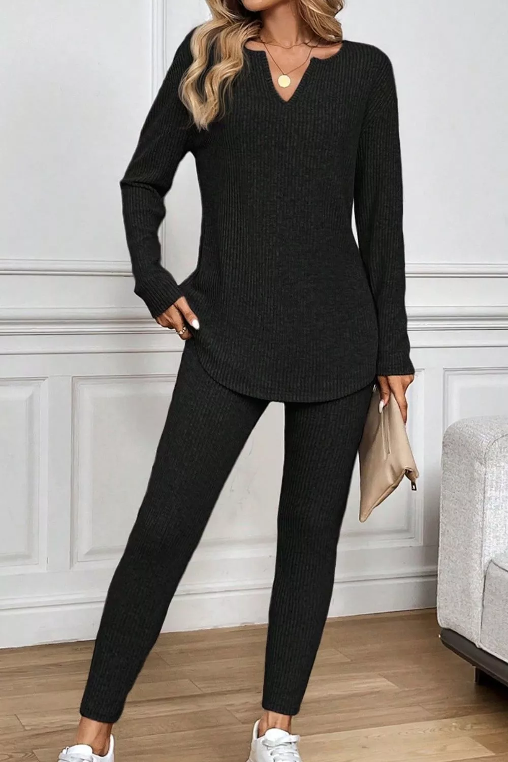 Notched Long Sleeve Top and Pants Set, image 2