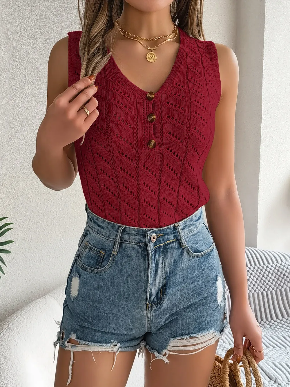 Openwork V-Neck Knit Vest, image 10