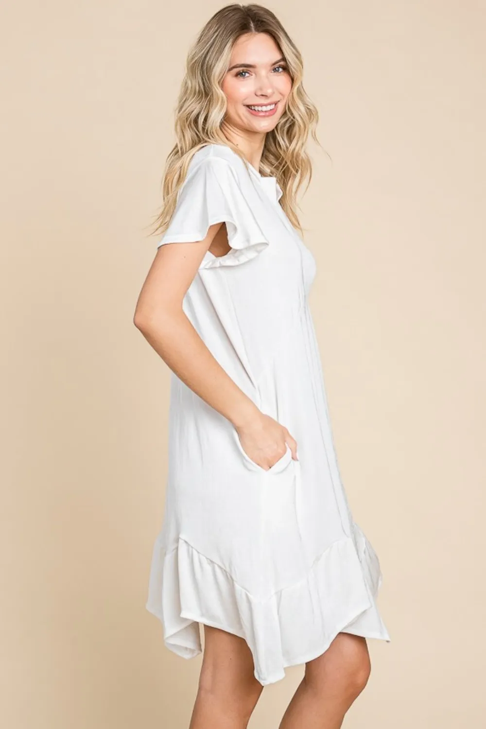 Full Size Short Sleeve Ruffled Asymmetric Hem Dress, image 3