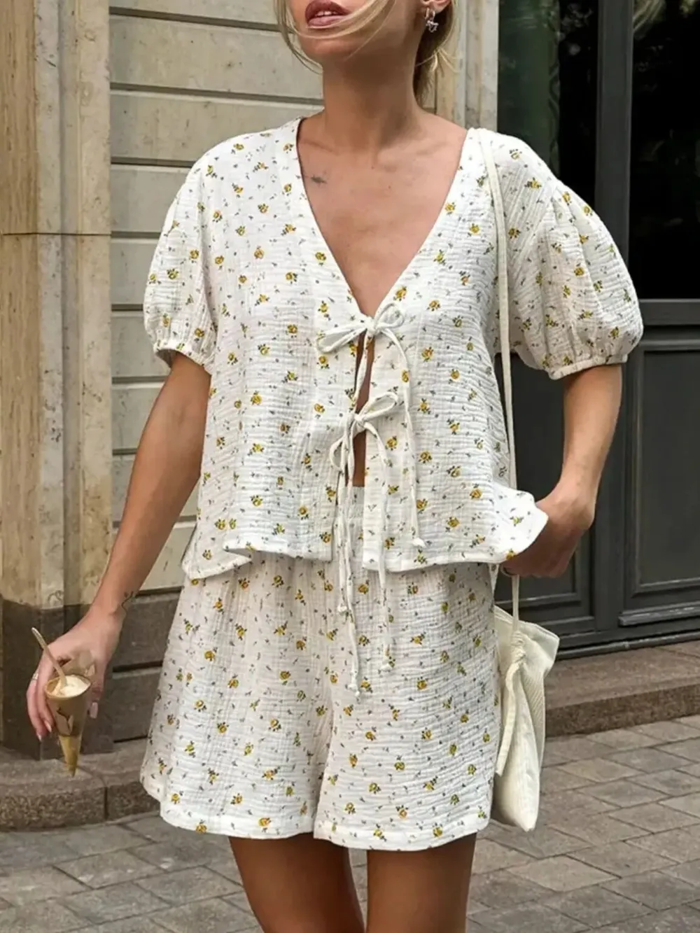 Floral Print Tie-Front Top and Shorts Set, image 2