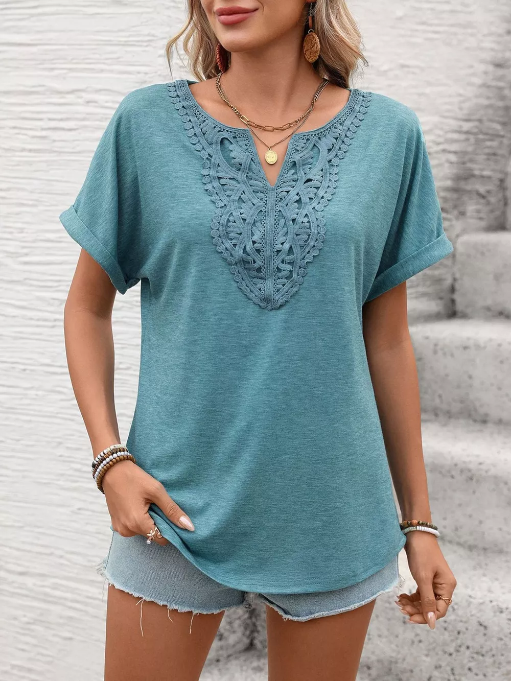 Lace Trim Short Sleeve T-Shirt, image 2