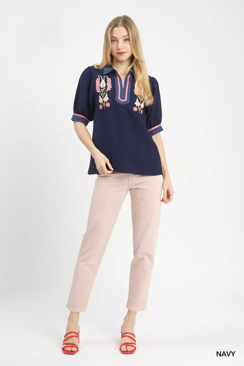 Embroidered Puff Sleeve Contrast Trim Top, image 2