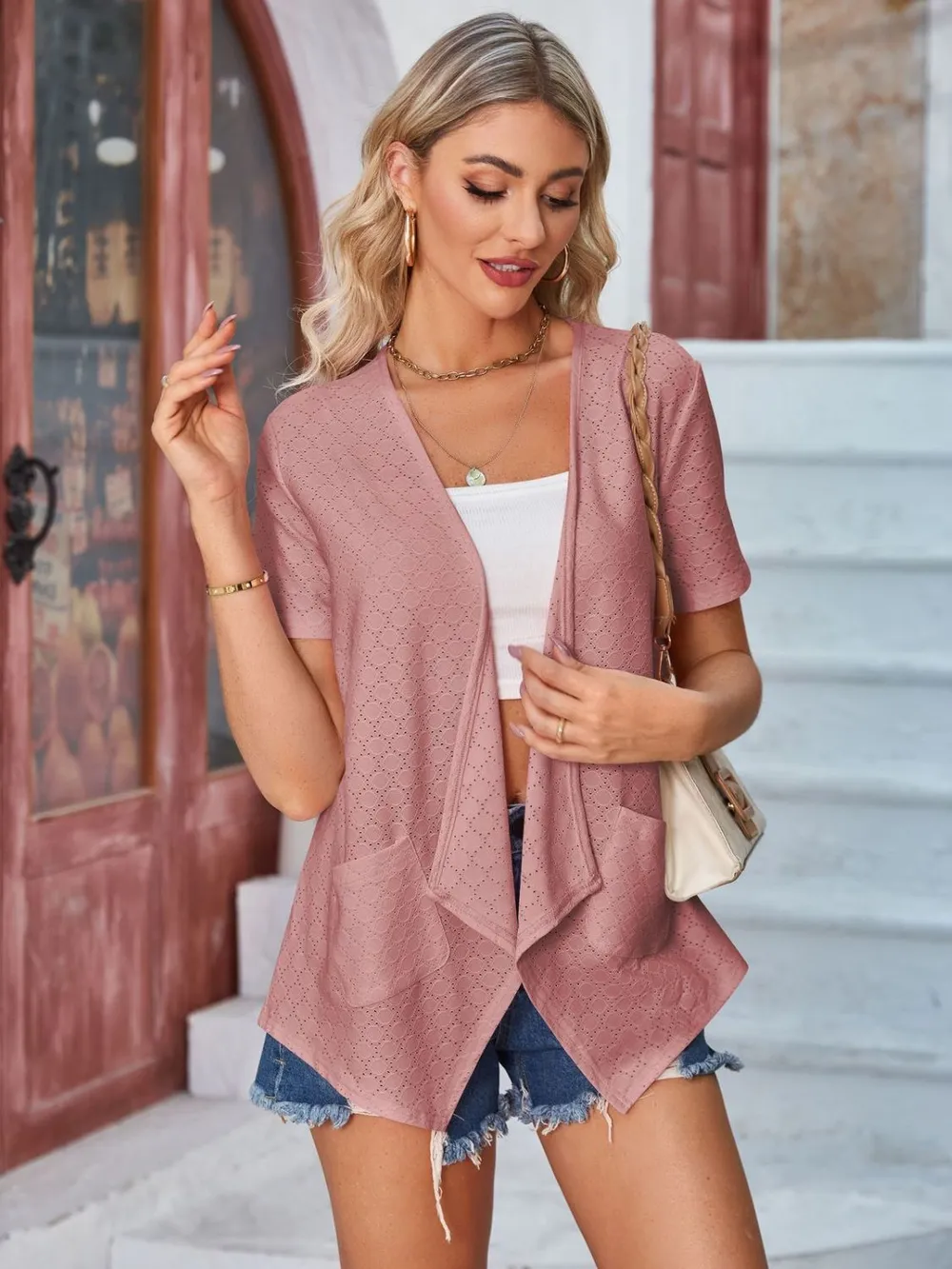 Eyelet Open Front Short Sleeve Cover Up, image 28