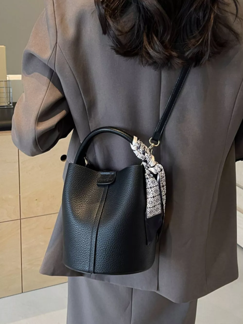 Leather Bucket Crossbody Bag, image 5