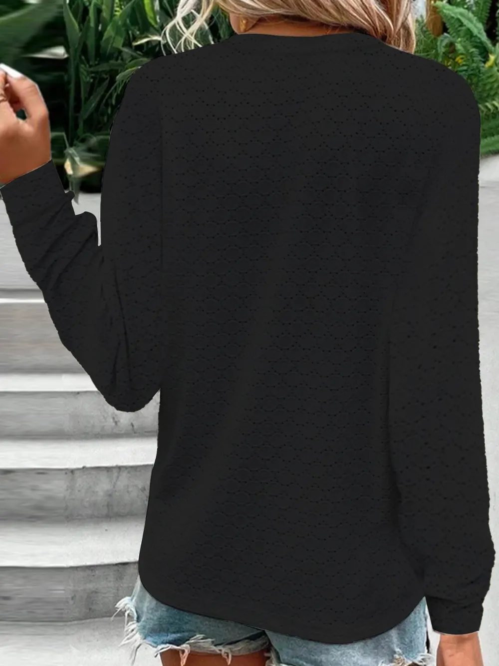 Eyelet Notched Long Sleeve T-Shirt, image 2