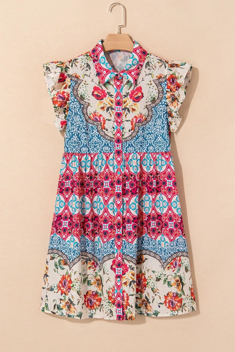 Floral Mixed Pattern Ruffle Flutter Sleeve Buttoned Dress, image 2