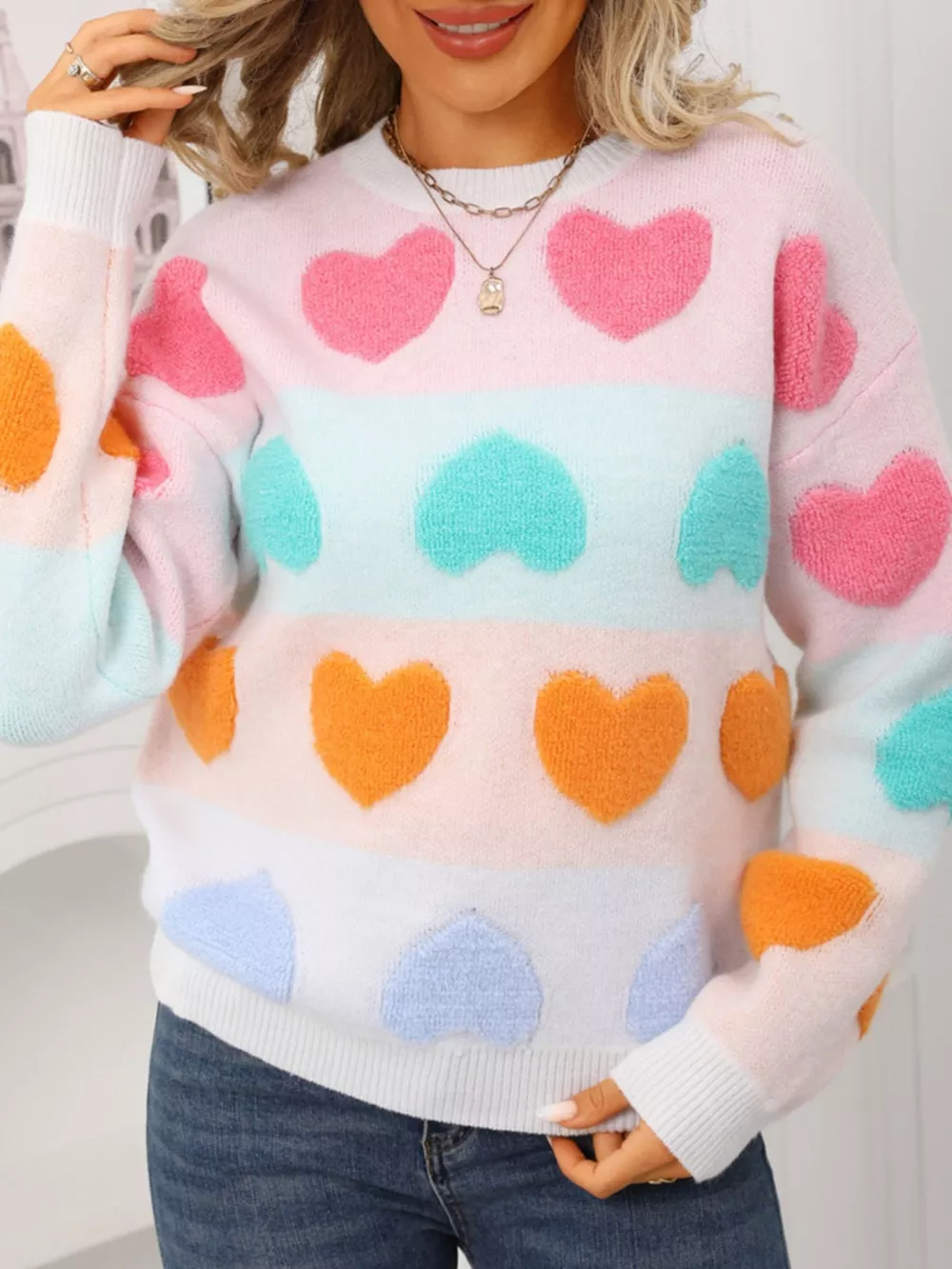 Valentine's Day Heart Pattern Fuzzy Knit Sweater, image 5
