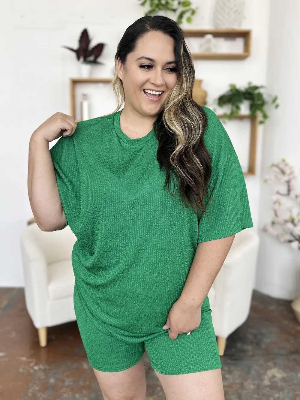 Full Size Texture Round Neck Drop Shoulder T-Shirt and Shorts Set, image 2