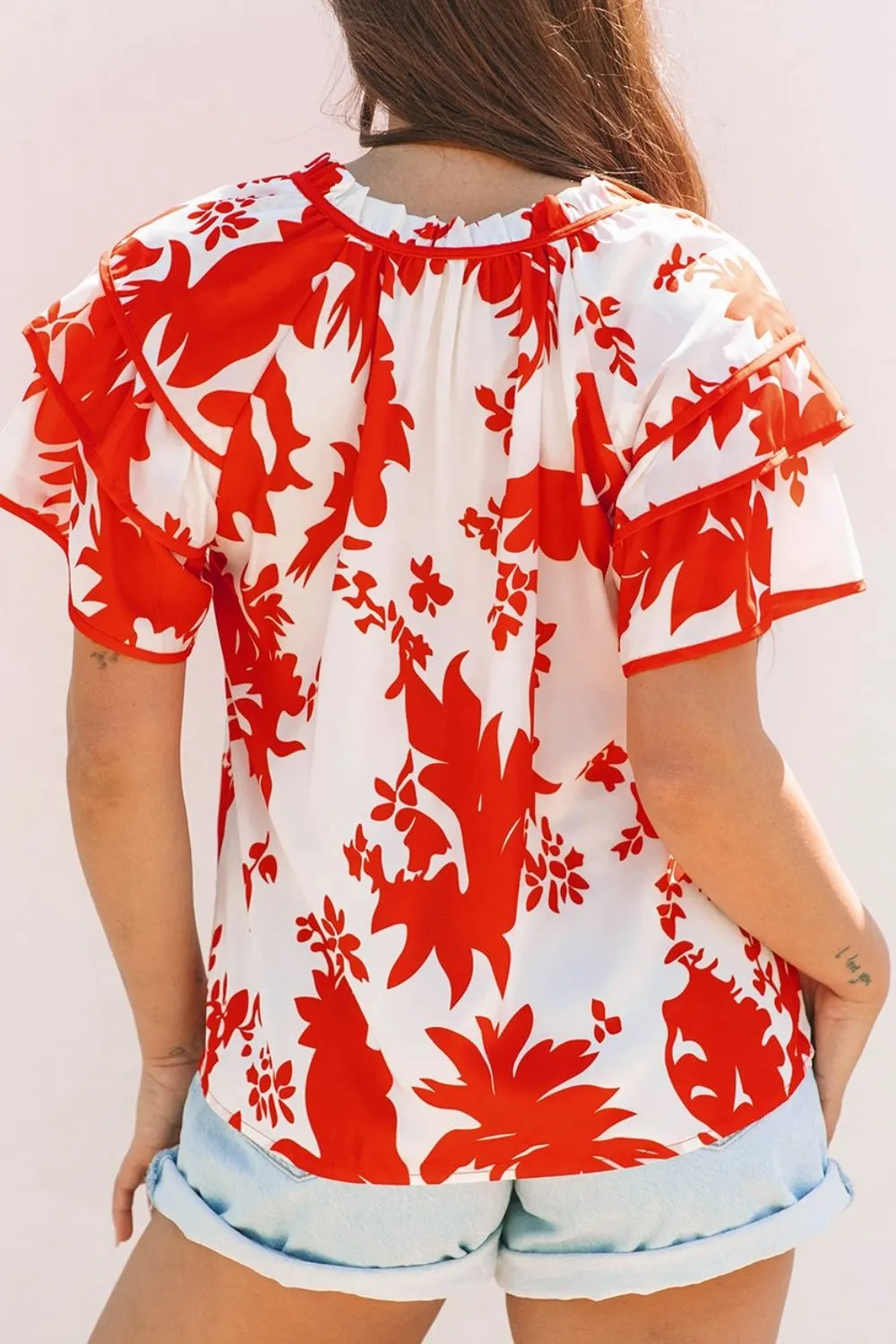 Plant Print Tiered Ruffled Sleeve Tie Neck Blouse, image 3
