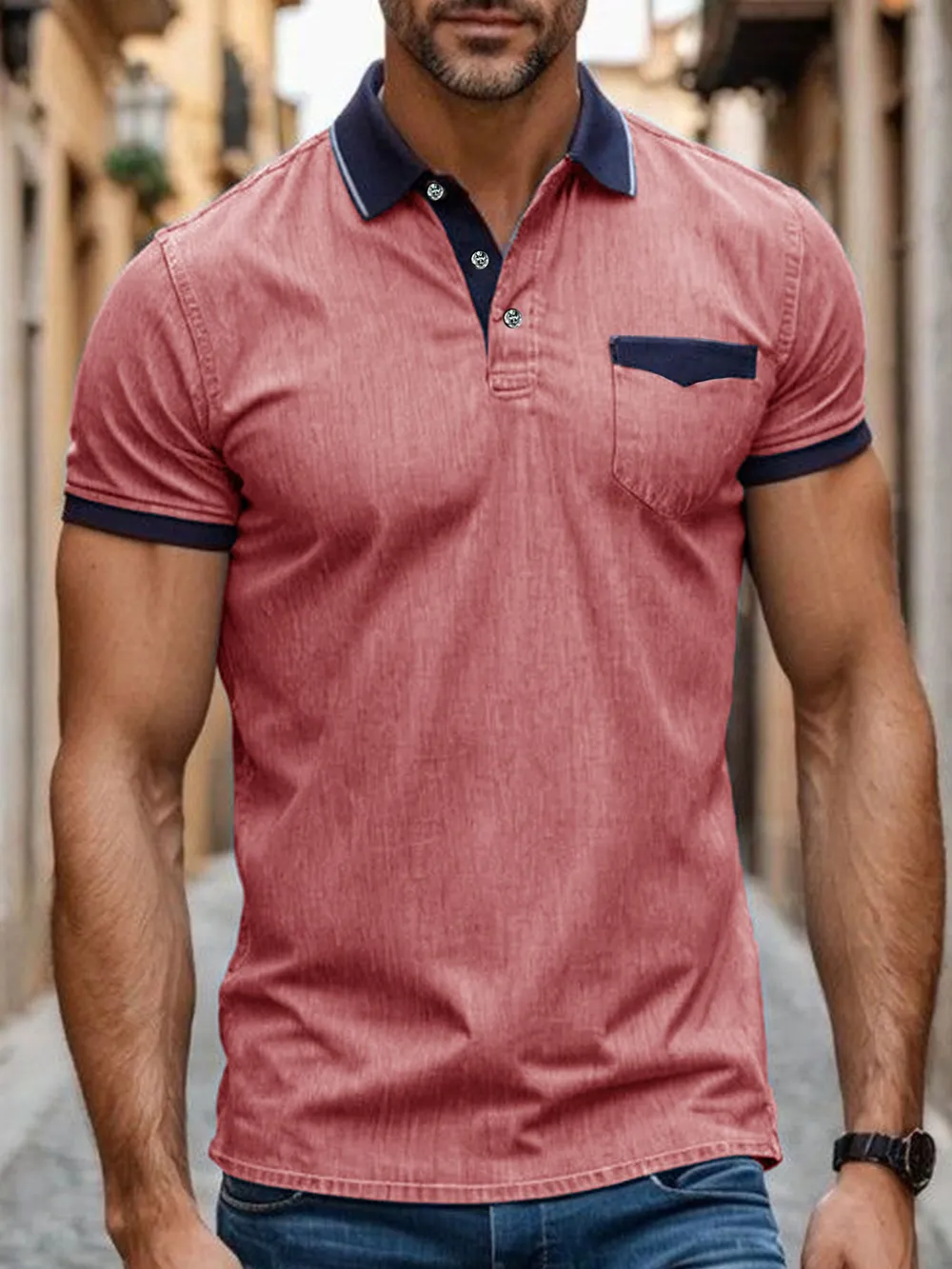 Men's Contrast Collar Pocket Polo Shirt, image 2