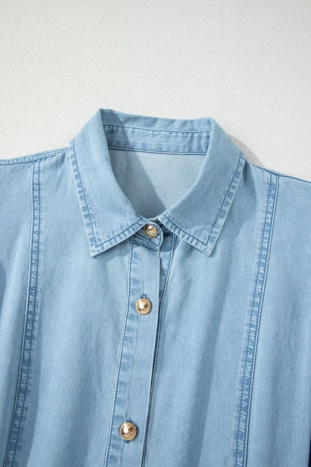 Full Buttons Collared Short Bubble Sleeve Long Denim Dress, image 10