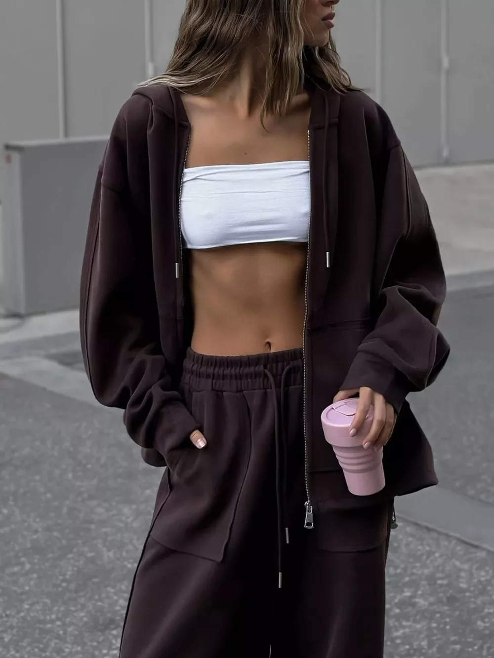 Oversized Zip-Up Hoodie and Wide-Leg Pants Set, image 12