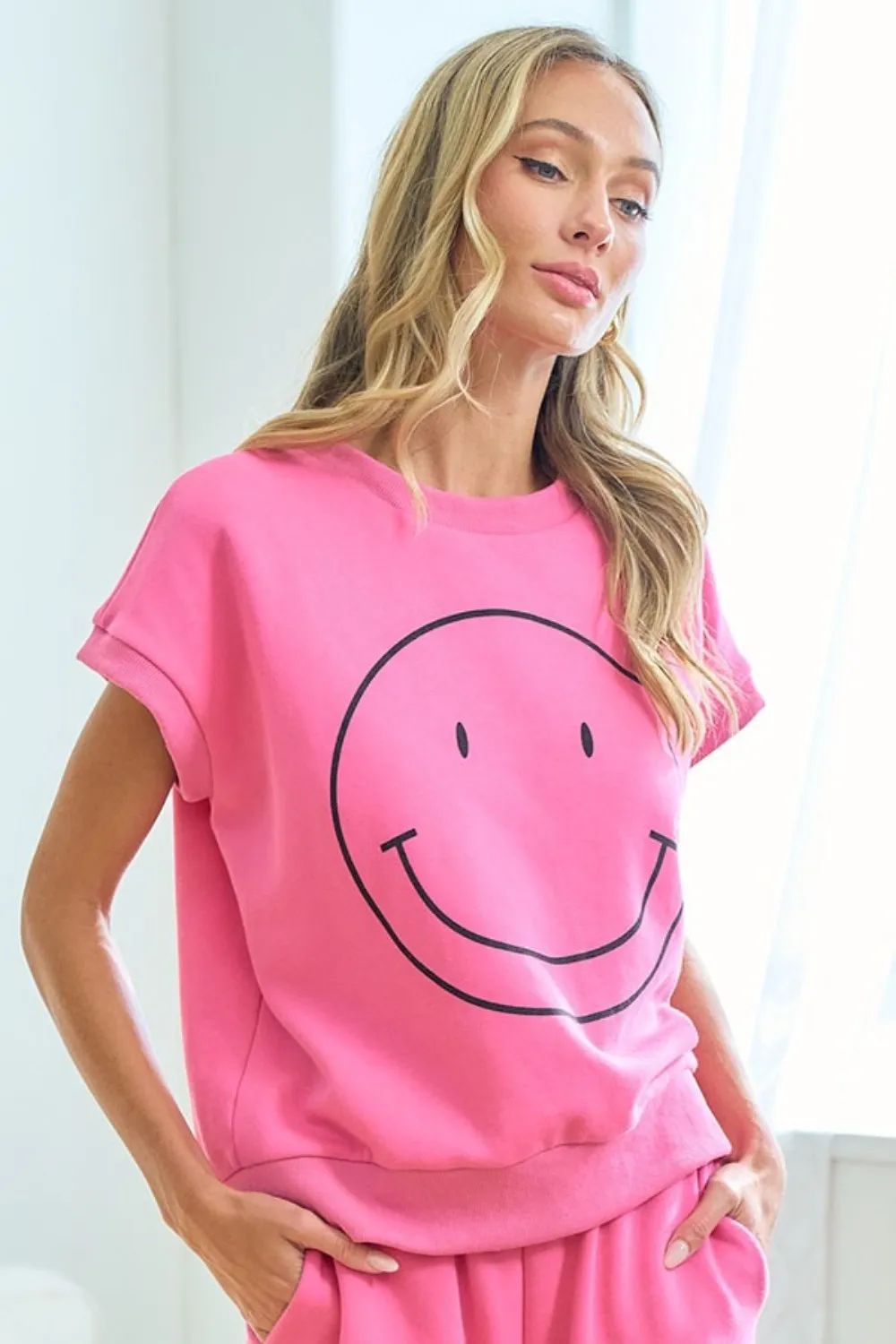 Smile Face Drop Shoulder Brushed Inside T-Shirt, image 2