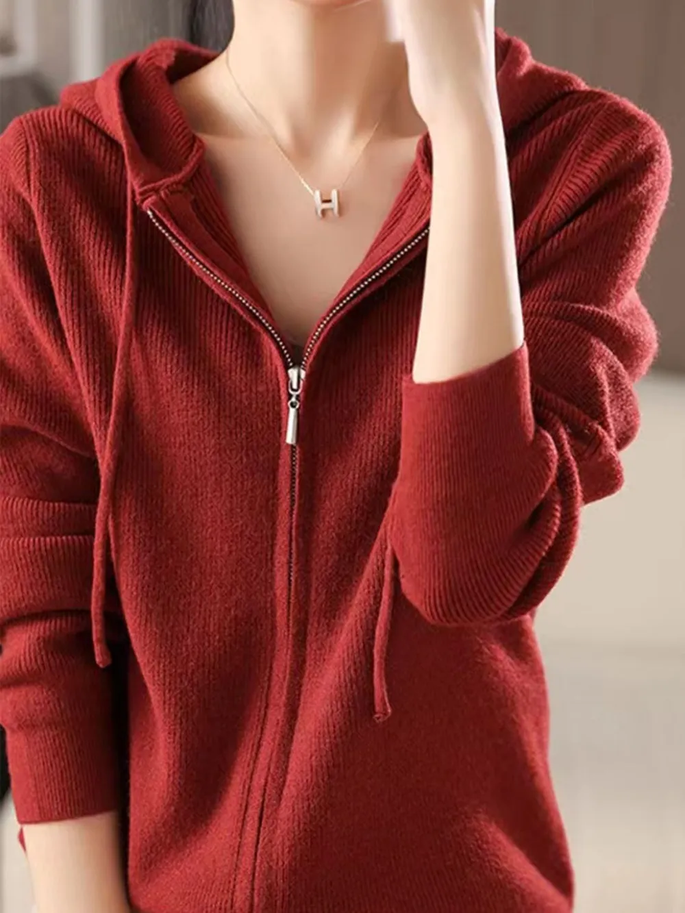 Drawstring Zip Up Long Sleeve Hooded Sweater, image 8