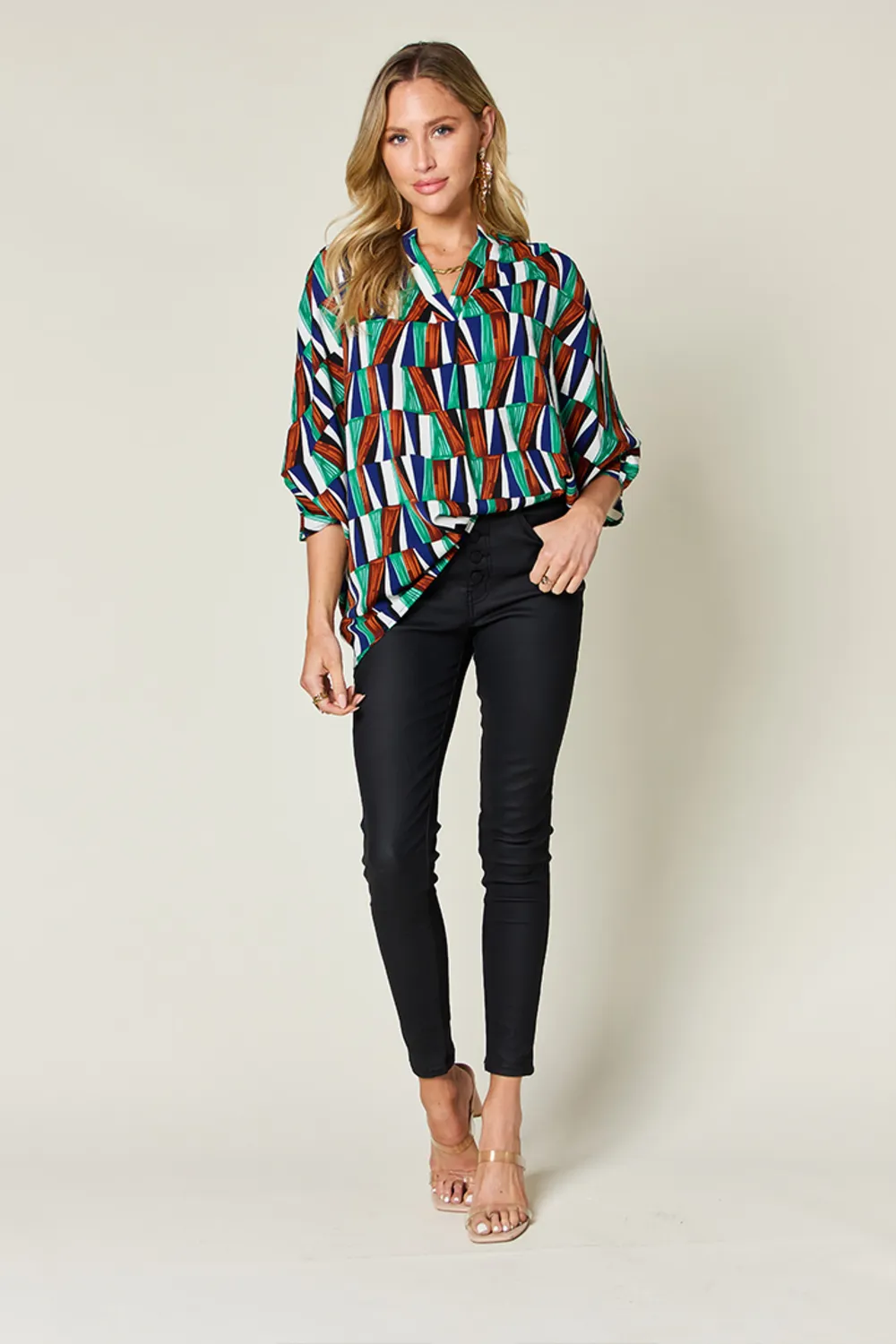 Full Size Geometric Notched Dolman Sleeve Top, image 18