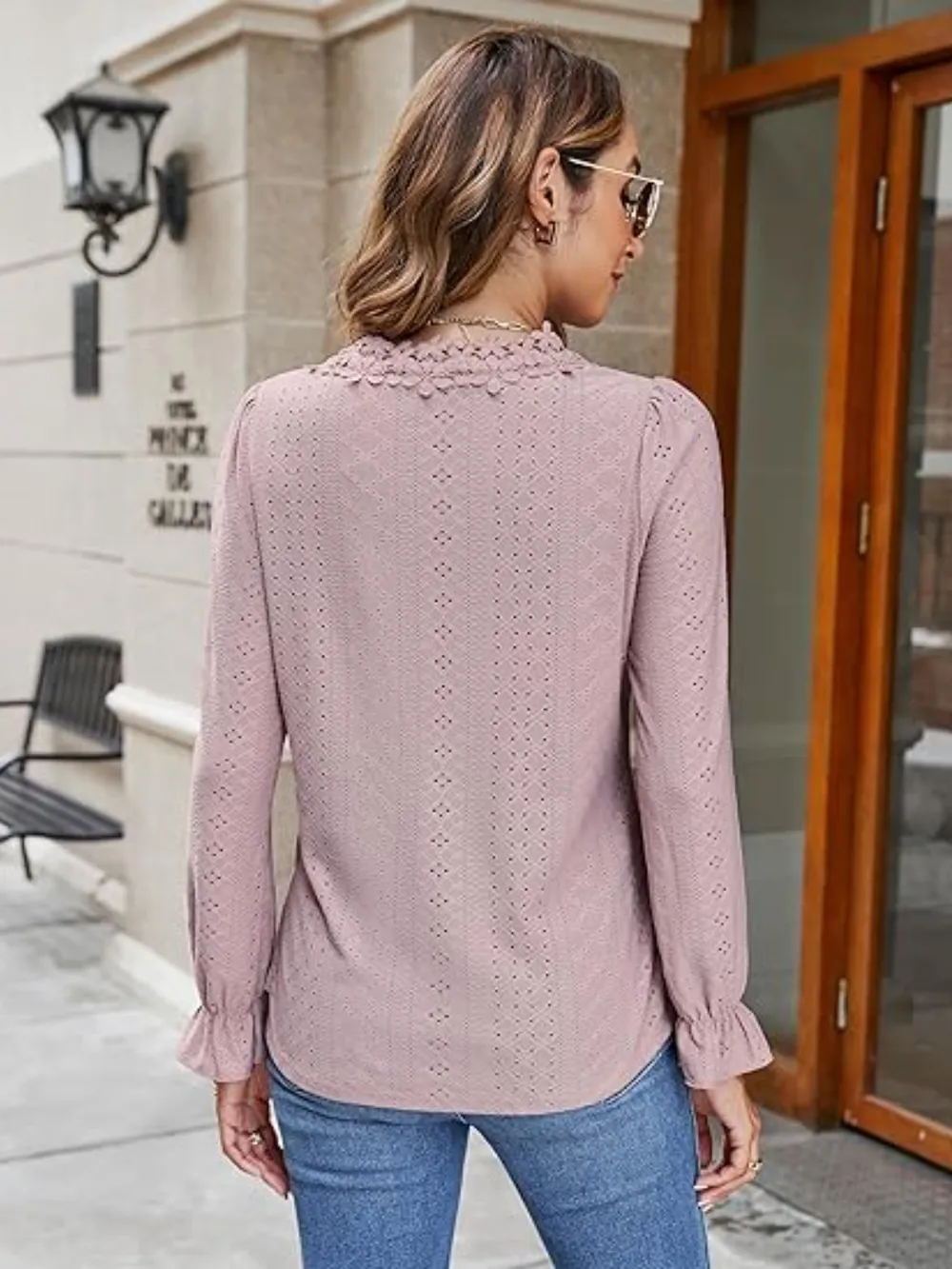 Lace Detail Eyelet V-Neck Flounce Sleeve Blouse, image 4