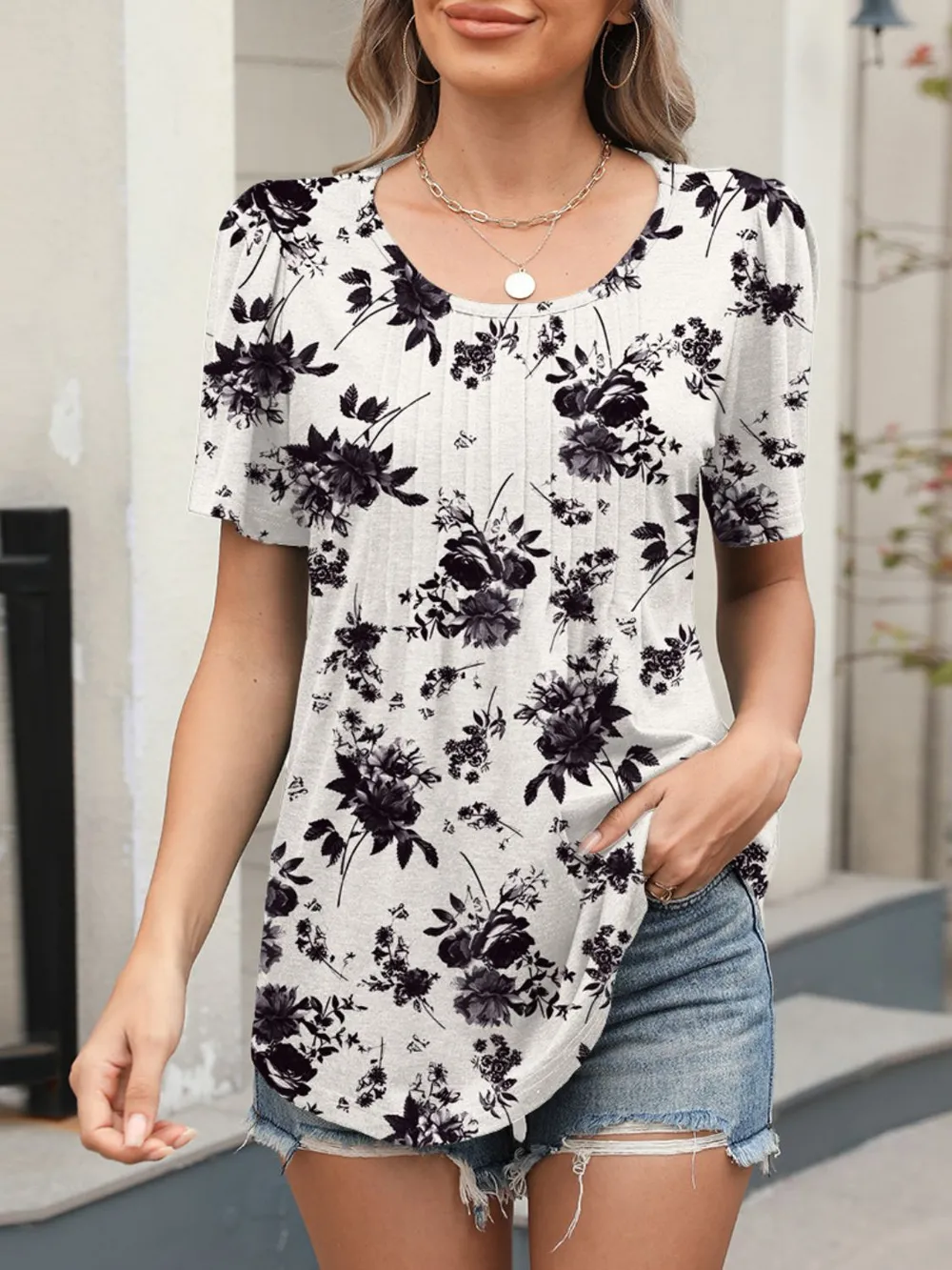 Floral Round Neck Short Sleeve Top, image 11