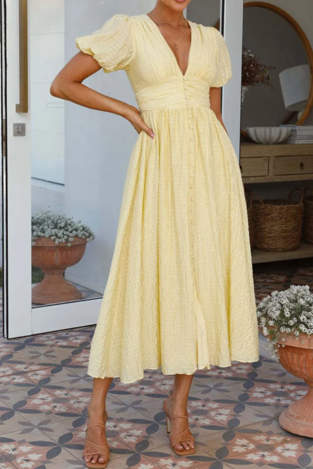 V-Neck Puff Short Sleeve Midi Dress, image 2