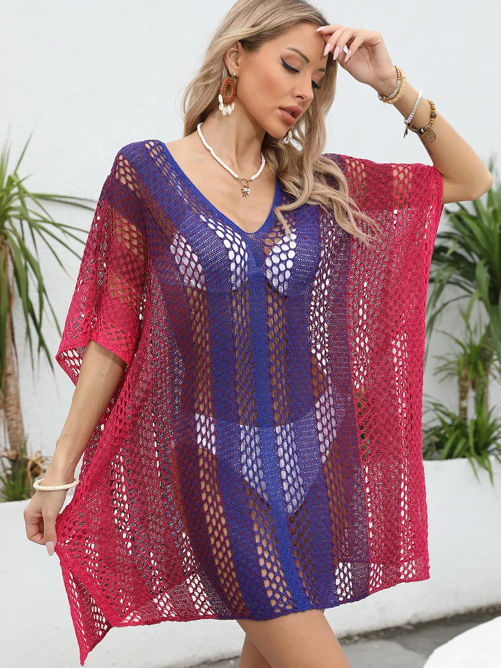 Openwork Contrast V-Neck Cover-Up, image 8