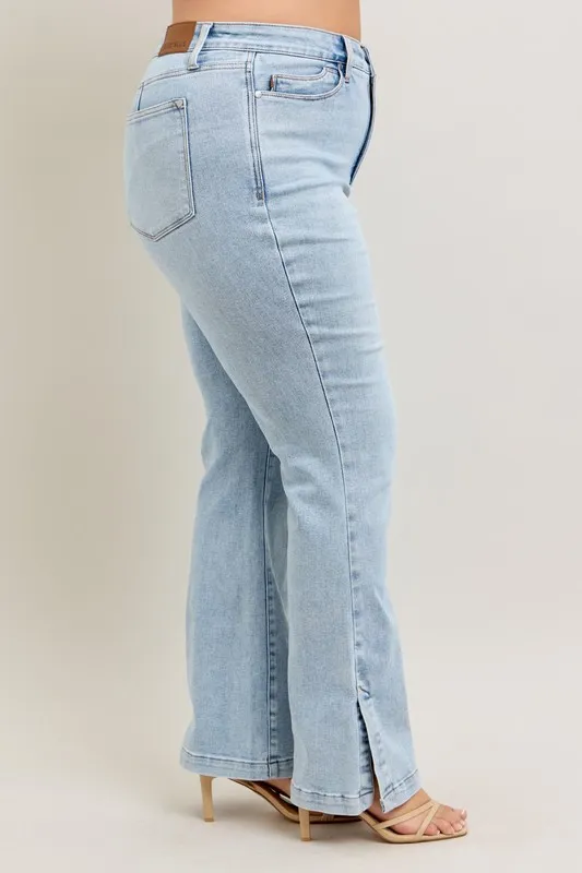Full Size Tummy Control Vintage Wash Side Slit Slim Boot Jeans Plus Size, image 2