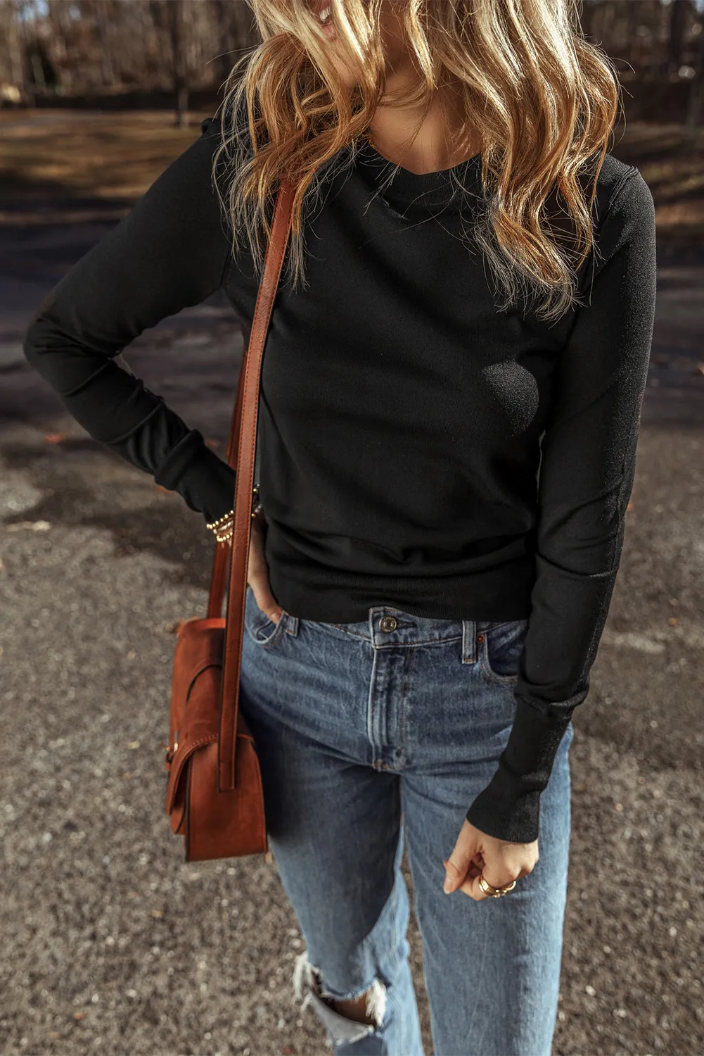 Round Neck Long Sleeve Knit Top, image 2