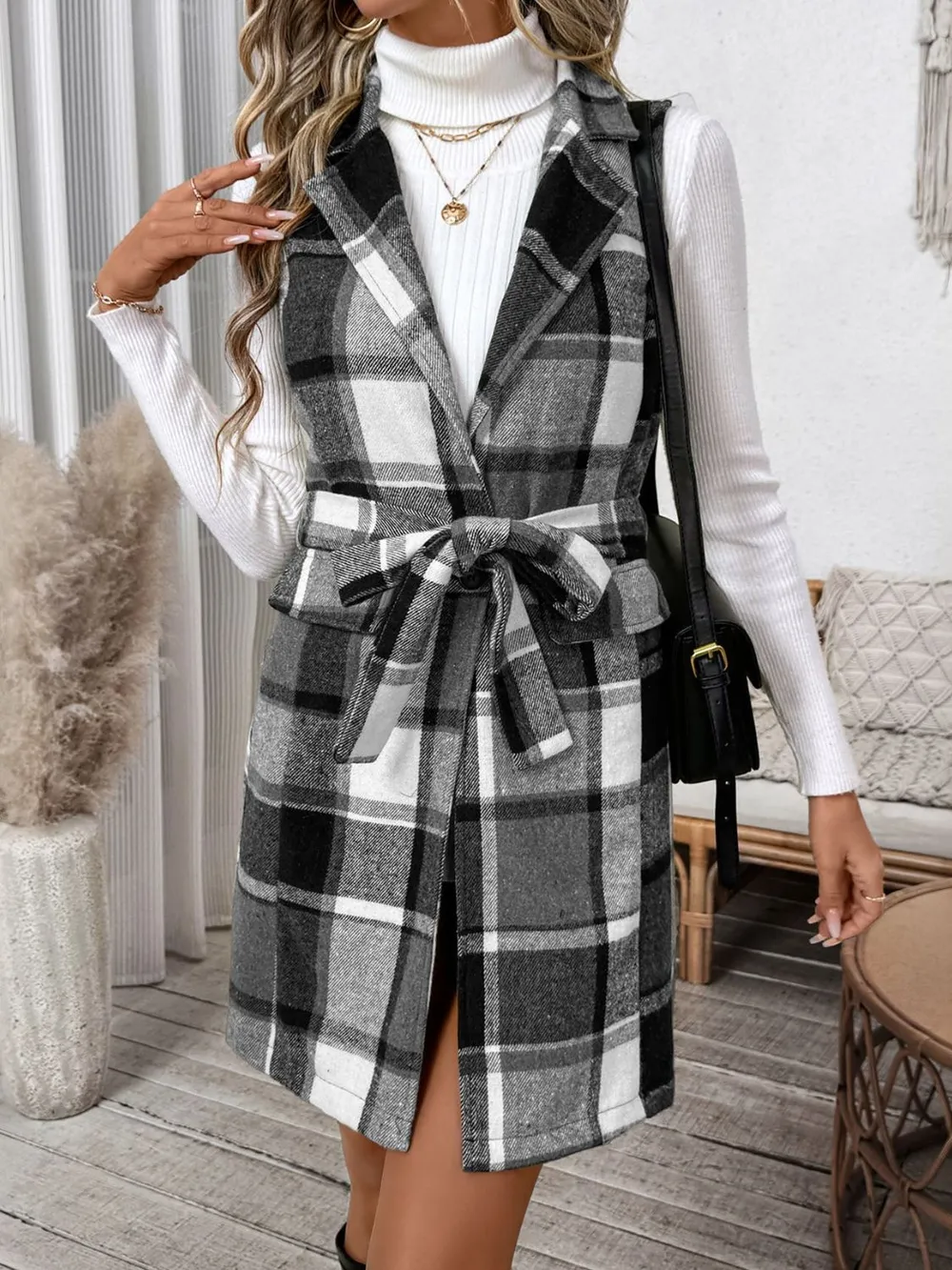 Tied Plaid Vest Coat, image 2
