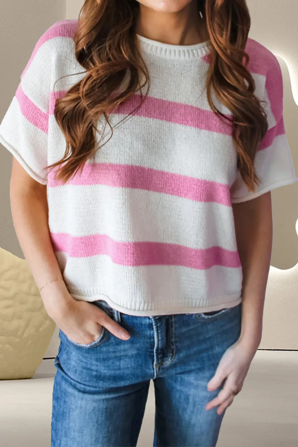 Striped Round Neck Short Sleeve Knit Top, image 2