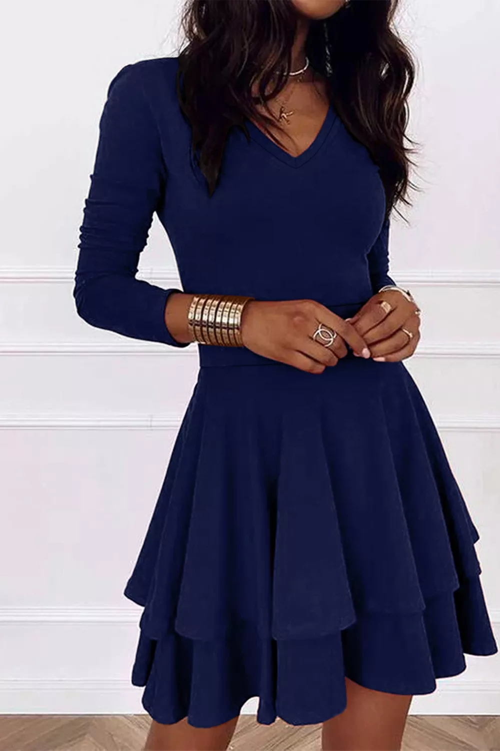 Layered Long Sleeve V-Neck Mini Dress, image 8