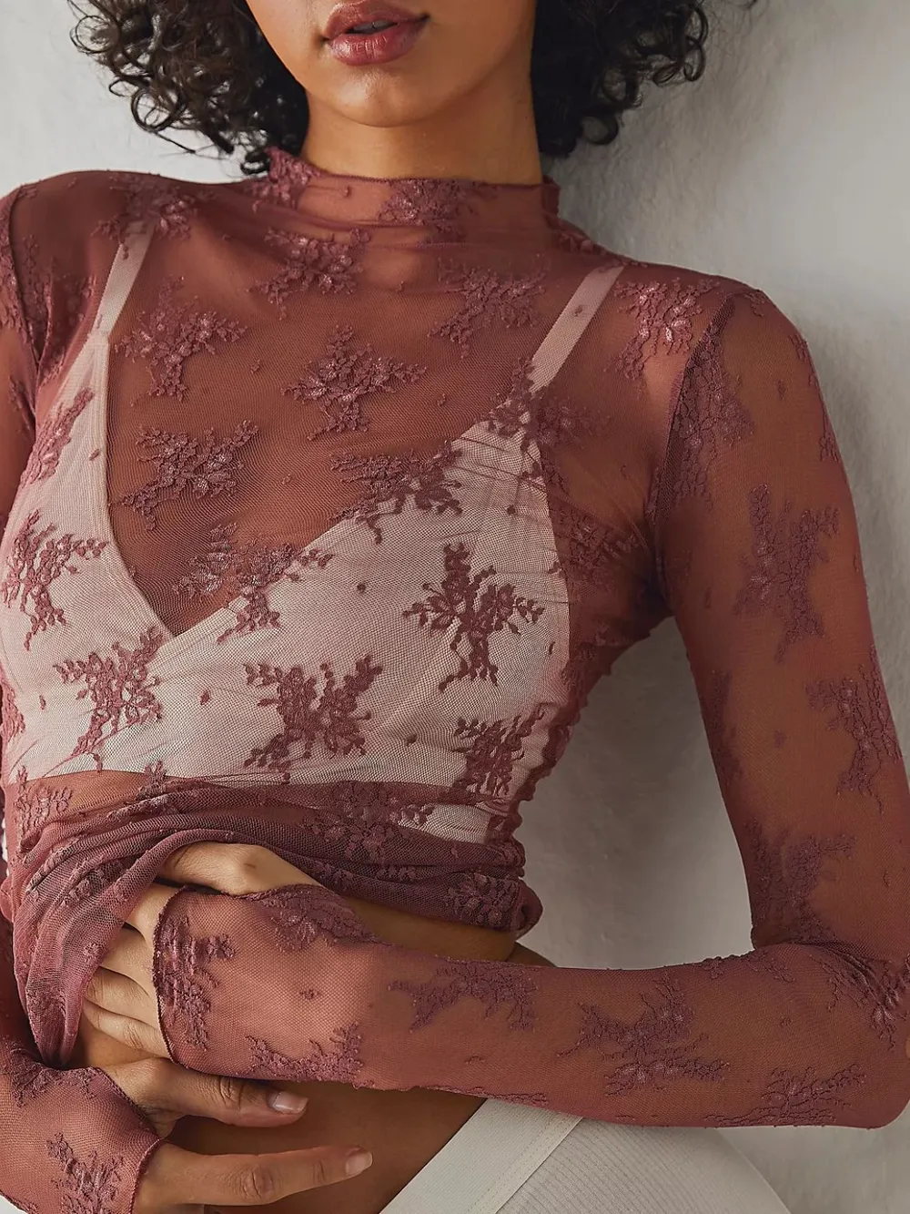 Lace Mock Neck Long Sleeve Blouse, image 2