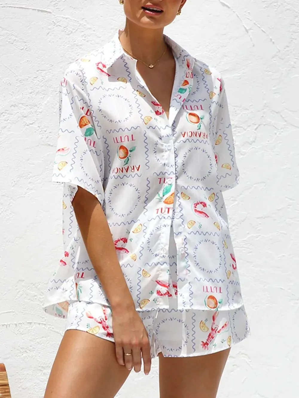 Printed Button Down Short Sleeve Top and Shorts Set, image 2